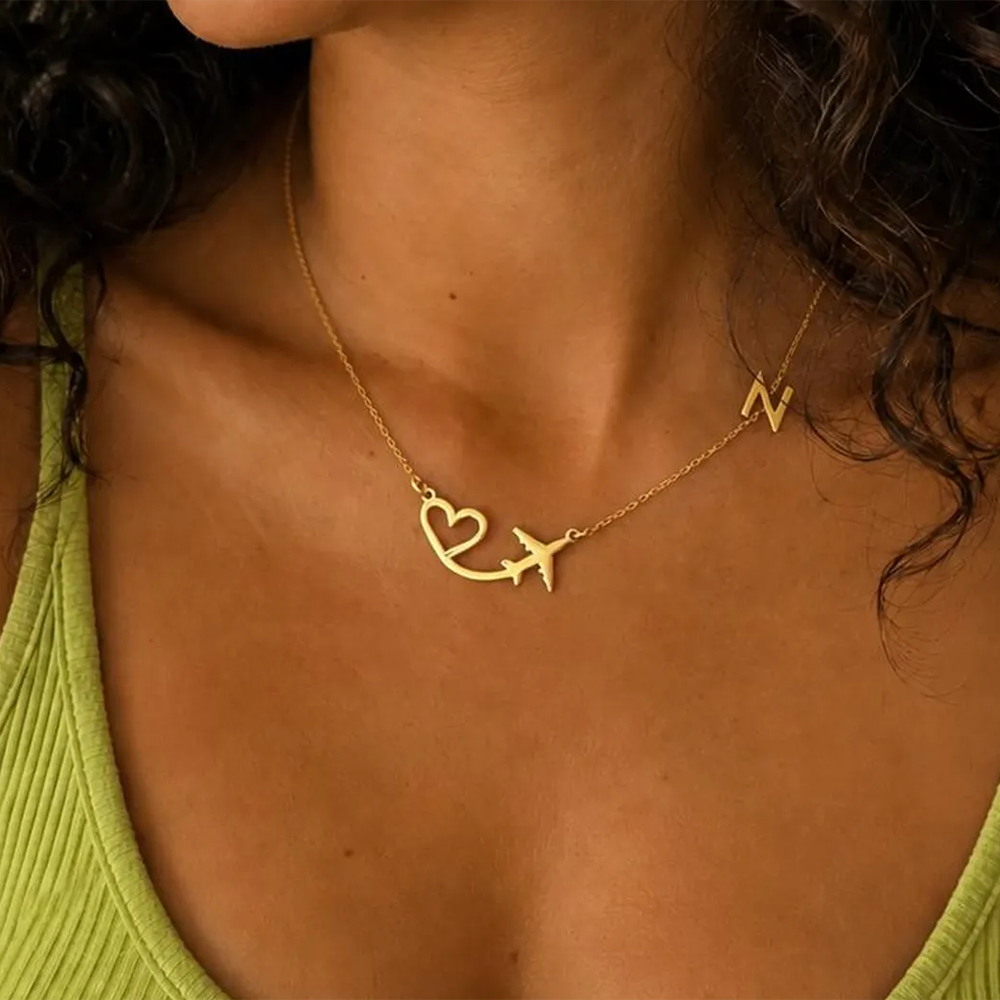 Engraved Name Necklace - Personalized Heart Airplane Initial Pendant Necklace